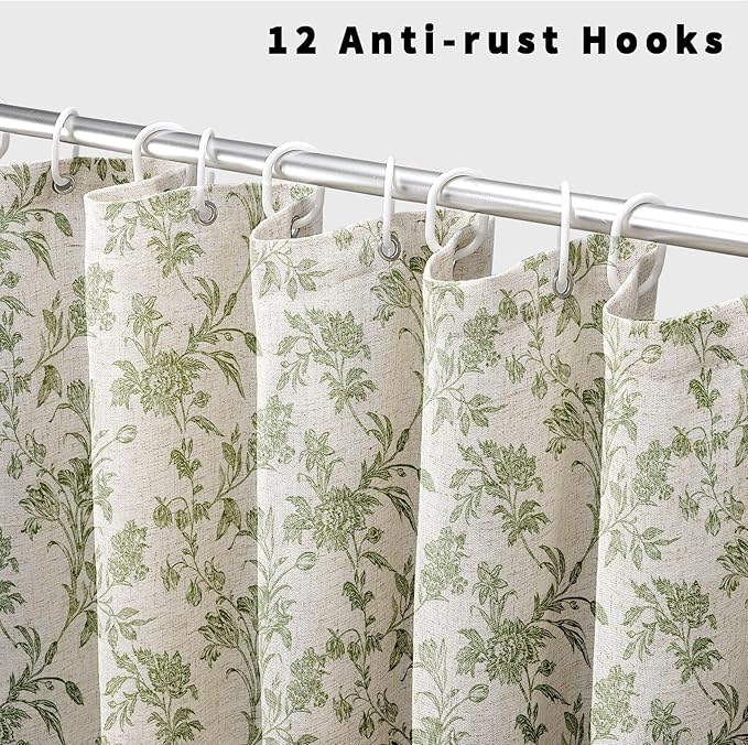 Sage Green Shower Curtain Floral Cotton Linen Cottagecore Shower Curtain for Bathroom 72" W x 72" L