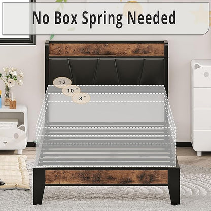 LIKIMIO Twin Bed Frame, Storage Headboard with Charging Station, Solid and Stable, Noise Free, No Box Spring Needed, Easy Assembly (Vintage and Black)