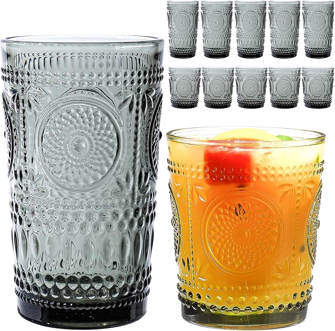Grey Drinking Glasses Set of 12, 16 Oz Highball & 13 Oz Cocktail Glasses, Grey Kitchen Vintage Glassware Set, Floral Embossed Glass Tumbler Cups for Juice, Whiskey, Water, Beer, Coffee