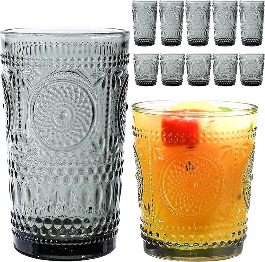 Grey Drinking Glasses Set of 12, 16 Oz Highball & 13 Oz Cocktail Glasses, Grey Kitchen Vintage Glassware Set, Floral Embossed Glass Tumbler Cups for Juice, Whiskey, Water, Beer, Coffee