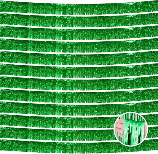12 Pack 10 Feet Metallic Foil Fringe Garland Tinsel Streamers Banner, Green Wall Hanging Tinsel Fringe Banners for Parade Floats, Wedding, Birthday, Christmas, New Year Party Decorations