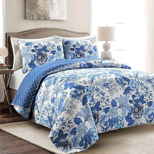 Lush Decor Sydney Reversible Cotton Quilt Set King 3 Piece Bedding, Navy White