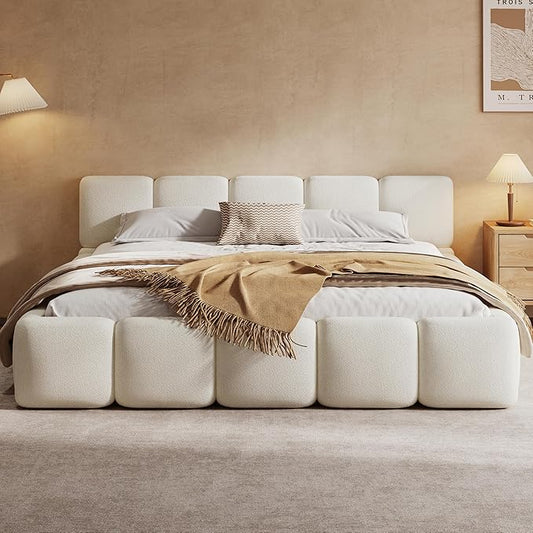 Christopher Knight Home Hazel King Size Platform Bed, Boucle Thick Headboard and Footboard, Upholstery Grounded Beds, Block Style, Wood Slats Panel Support, No Spring Box Needed, Easy Assembly, White