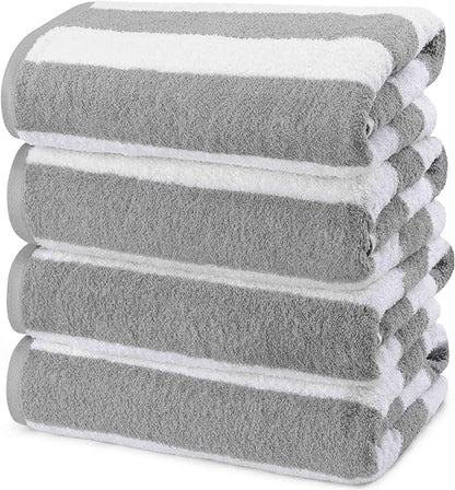 Utopia Towels 4 Pack Cabana Stripe Beach Towel Oversized 100% Ring Spun Cotton Beth Towels, Highly Absorbent, Grey