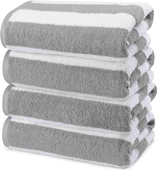 Utopia Towels 4 Pack Cabana Stripe Beach Towel Oversized 100% Ring Spun Cotton Beth Towels, Highly Absorbent, Grey