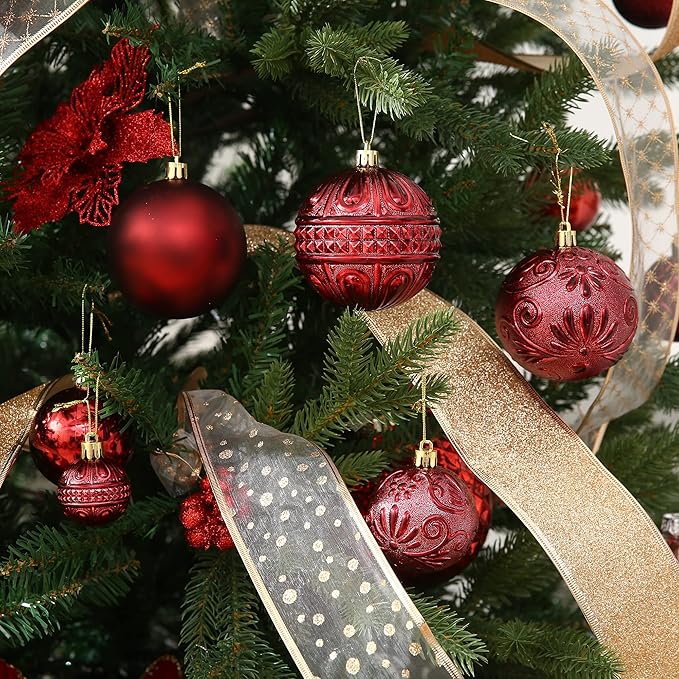 Christmas Ball Ornaments Wine Red Christmas Tree Decorations with Hang Rope-36pcs Shatterproof Christmas Ornaments Set with 6 Styles in 3 Sizes(Small Medium Large)
