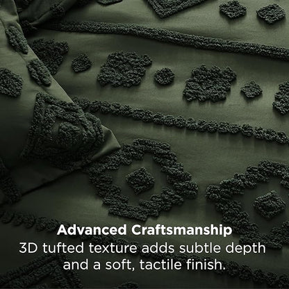 Bedsure King Size Comforter Set - Dark Green Tufted Boho Bed Set, Farmhouse Shabby Chic Embroidery Bedding for All Seasons, 3 Pieces, 1 Soft Jacquard King Comforter and 2 Pillow Shams