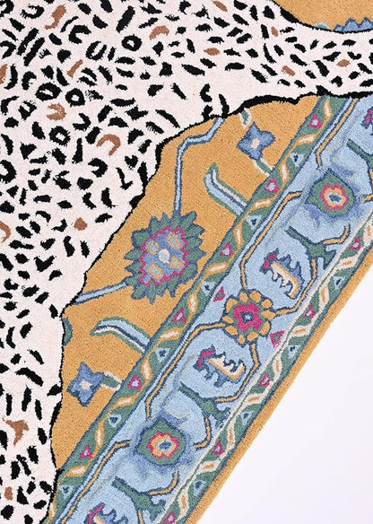 Handmade Leopard Wool Area Rug with Traditional Oushak Motif – Exquisite Animal Print Cheetah Rugs for Living Room, Bedroom | Plush Texture, Vintage Style, Thick & Durable Carpet (Blue, 7' Round)