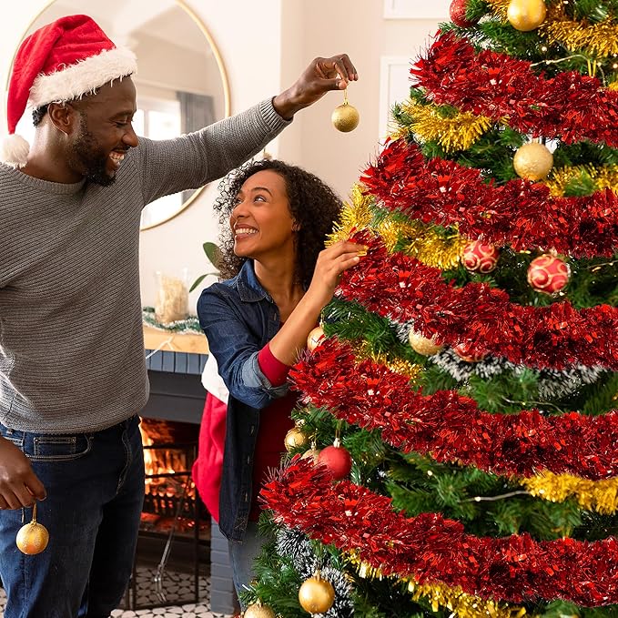 50FT Red Tinsel Christmas Garland Metallic Twist Garland Shiny Hanging Tinsel for Christmas Tree Party Supplies Indoor Outdoor Home Xmas Decoration (Red)