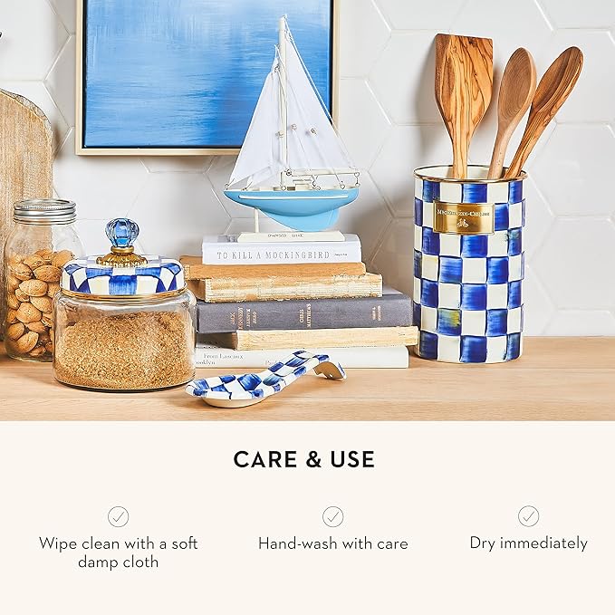 MACKENZIE-CHILDS Enamel Utensil Holder, Kitchen Utensil Holder for Countertop, Storage Caddy, Blue-and-White Royal Check