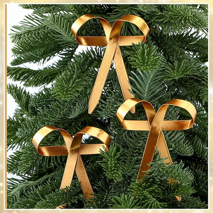 24 Pcs 2025 Metal Christmas Bow Ornaments for Christmas Tree Garland Wreath Bulk Bow with Clip Ornament Vintage Indoor Outdoor Home Xmas Party Decorations, 4 x 5 Inches (Gold)