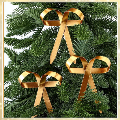 24 Pcs 2025 Metal Christmas Bow Ornaments for Christmas Tree Garland Wreath Bulk Bow with Clip Ornament Vintage Indoor Outdoor Home Xmas Party Decorations, 4 x 5 Inches (Gold)