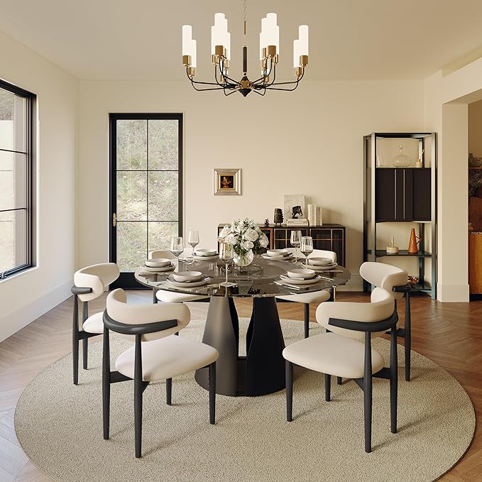 POVISON Round Dining Table for 4, Modern Dining Table Round 47" with 23" Lasy Susan, Black Glass Tabletop with Solid Black Carbon Steel Pedestal (Dining Table Only)