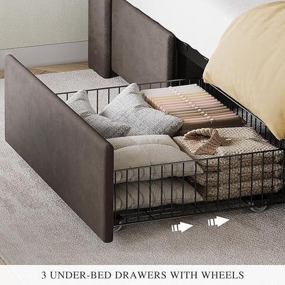 DWVO Queen Size Bed RGB LED Lights, Velvet Upholstered Platform Bed, Grey