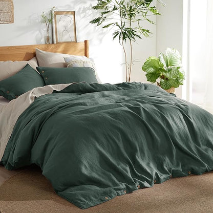 Bedsure Linen Duvet Cover King - Linen Cotton Blend Bedding Set, Soft & Cozy, 3 Pieces, 1 Duvet Cover 104x90 Inches and 2 Pillowcases, Dark Forest Color Cooling Bedding, Comforter Sold Separately