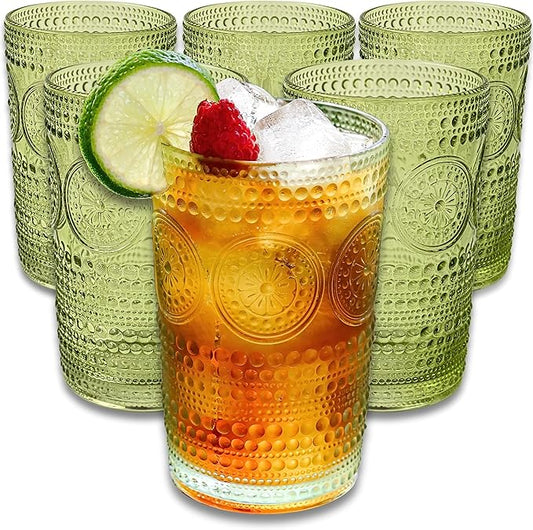 Kate Aspen Hobnail Beaded Floral Green Drinking Glasses Set of 6, (13 oz) Vintage Glassware Set Cocktail Glass Set, Juice Glass, Water Cups | Great Hostess Gift & Gift for New Home Owners