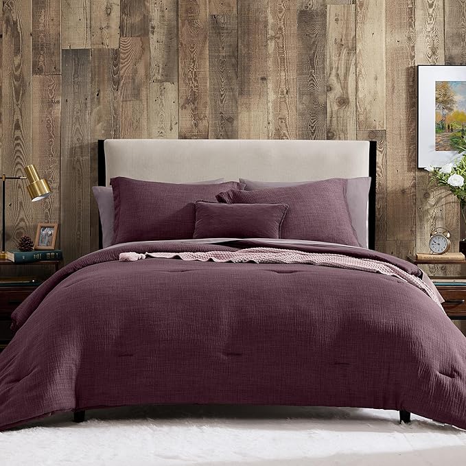 Geniospin Purple Queen Comforter Set - 7 Pieces Egglant Comforter Queen Size, Solid Bedding Set for All Season, Textured Bed in a Bag with Sheets