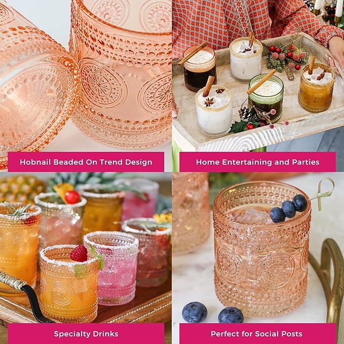 Kate Aspen Hobnail Beaded Floral Rose Gold Drinking Glasses Set of 6, (10 oz) Vintage Glassware Set Cocktail Glass Set, Juice Glass, Water Cups | Great Hostess Gift & Gift for New Home Owners