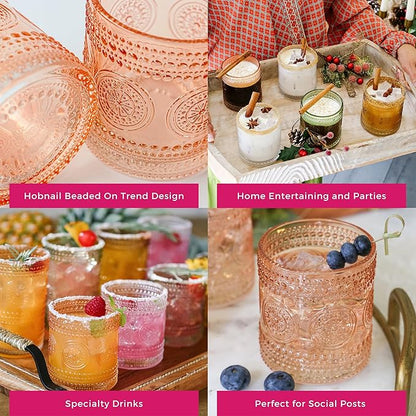 Kate Aspen Hobnail Beaded Floral Rose Gold Drinking Glasses Set of 6, (10 oz) Vintage Glassware Set Cocktail Glass Set, Juice Glass, Water Cups | Great Hostess Gift & Gift for New Home Owners