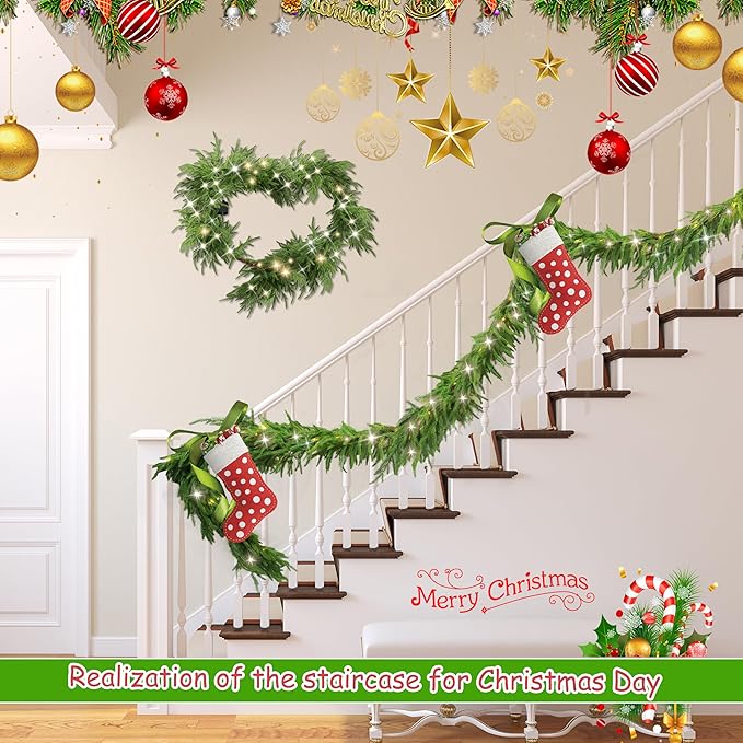 6 Ft Christmas Norfolk Pine Garland with 100 LED Lights, Dense Norfolk Pine Real Touch Garland, Artificial Greenery Garlands for Christmas Holiday Mantle Fireplace Table Home Decor Xmas