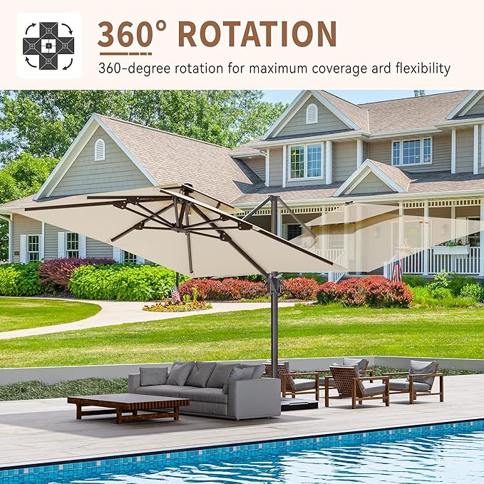 10' X 10' Cantilever Patio Umbrella Outdoor with Base Included Heavy Duty Double Top Windproof Square Offset Umbrellas with 360-degree Rotation for Pool Deck Backyard, Beige