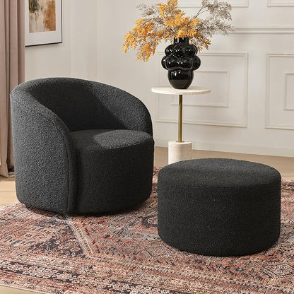 KINWELL 34" W Mid Century Modern Swivel Barrel Chair, Round Upholstered Boucle Swivel Accent Chairs, No Assembly Chair for Living Room Bedroom Reading Apartment Lounge Nursery(Black)
