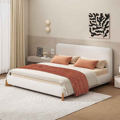 King Size Bed Frame, Upholstered Cloud Boucle Platform Beds Frames with Headboard, Anti-Collision Soft Rounded Corners Footboard, No Box Spring Required, Easy Assembly (38" White, King)