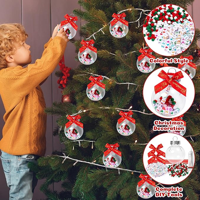 Y1tvei Christmas Ornament Ball Kit - 41Pcs Clear Plastic Fillable DIY Beads Craft Set Pipe Cleaners Pom Poms and Bows Letter Bead Charms Christmas Decor Design, Handmade Making for Party Birthday Gift