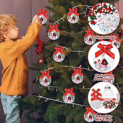Y1tvei Christmas Ornament Ball Kit - 41Pcs Clear Plastic Fillable DIY Beads Craft Set Pipe Cleaners Pom Poms and Bows Letter Bead Charms Christmas Decor Design, Handmade Making for Party Birthday Gift