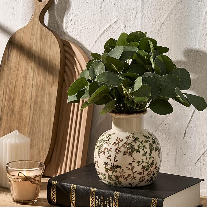 SIDUCAL Ceramic Green and Beige Antique Vase, 5.91 Inch Retro Ice Cracked Chinoiserie Floral Vase, Rustic Farmhouse Vases for Home Decor, Bookshelf, Office, Garden, Chinoiserie Decor, Tuscan Decor