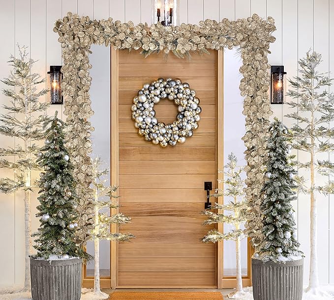 3 Pcs 6FT Christmas Garland Champagne Glittered Artificial Eucalyptus Leaves for Mantle Christmas Tree Decorations Indoor Outdoor Hanging Garland Ornaments Garden Door Window Stair Holiday Home Decor