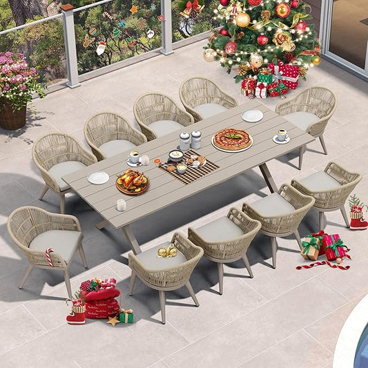 PURPLE LEAF 11 Pieces Patio Dining Set with Outdoor Aluminium Dining Table and Woven Rattan Chairs Modern Metal Furniture Cushions Sets for Garden Yard Indoor Decor Kitchen Champagne