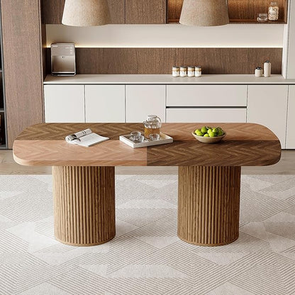 78.7" Extra Long Dining Table for 6-10 People, Farmhouse Kitchen Table with Cylindrical Fluted Bases, Modern Rectangular Dining Table for Dining Room, Kitchen, Living Room