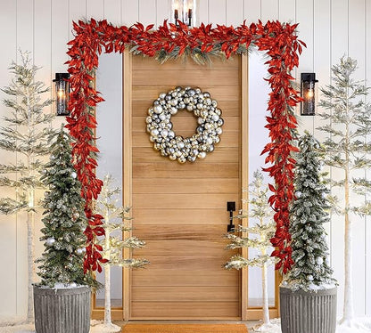 3 Pcs 6FT Christmas Garland Red Glittered Artificial Magnolia Leaves for Mantle Christmas Tree Decorations Indoor Outdoor Hanging Garland Ornaments Garden Door Wall Window Stair Holiday Home Decor