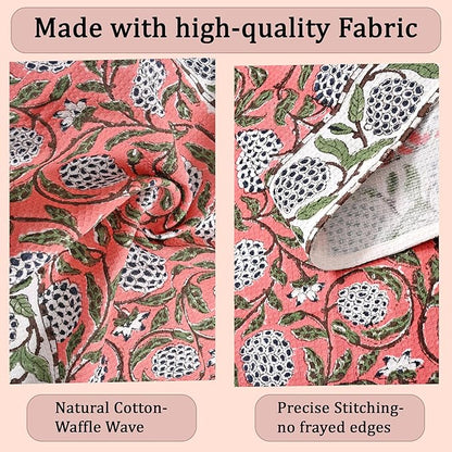 Ridhi Dark Salmon Pink Hand Block Print Waffle Kitchen Towel Set of 3-16 x28 Ultra Absorbent Quick Dry 100% Cotton Dish Towels Lightweight Reusable Sustainable Tea Towels for Cleaning and Drying