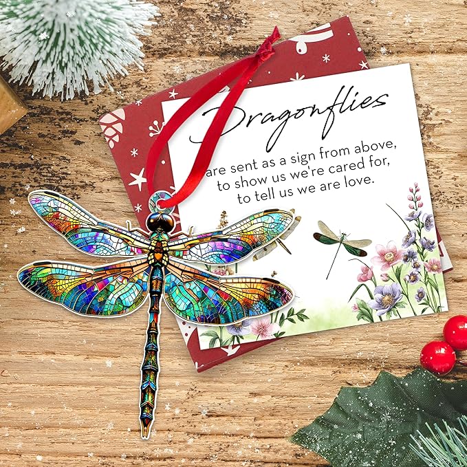 OASSIE Christmas Dragonfly Gifts for Women - Acrylic Christmas Ornaments 2025 for Tree with Card - Dragonflies Decor for Home Garden Decorations, Gifts Ideas for Mom Grandma Friends