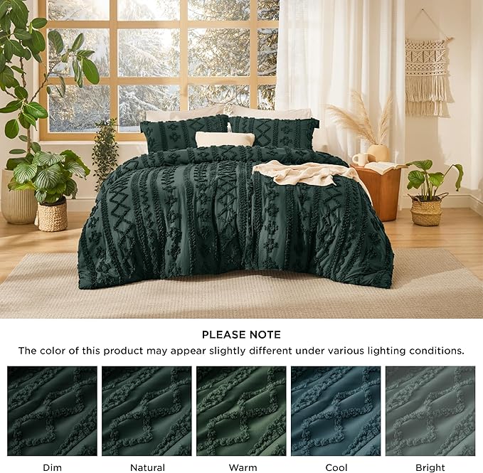 Bedsure Tufted Boho Comforter Set Twin Size - Emerald Green Boho Bed Set, GentleSoft™ 2 Pieces Farmhouse Shabby Chic Embroidery Bedding, Gifts for Woman, Soft Jacquard Twin Comforter for All Seasons
