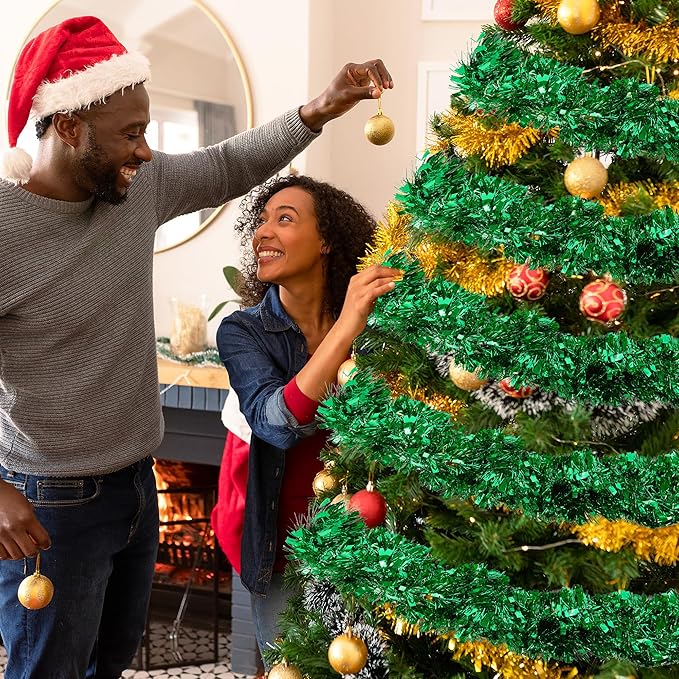 50FT Tinsel Christmas Garland Metallic Twist Garland Shiny Hanging Tinsel for Christmas Tree Party Supplies Indoor Outdoor Home Xmas Decoration (Green)