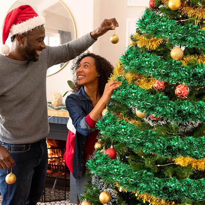 50FT Tinsel Christmas Garland Metallic Twist Garland Shiny Hanging Tinsel for Christmas Tree Party Supplies Indoor Outdoor Home Xmas Decoration (Green)