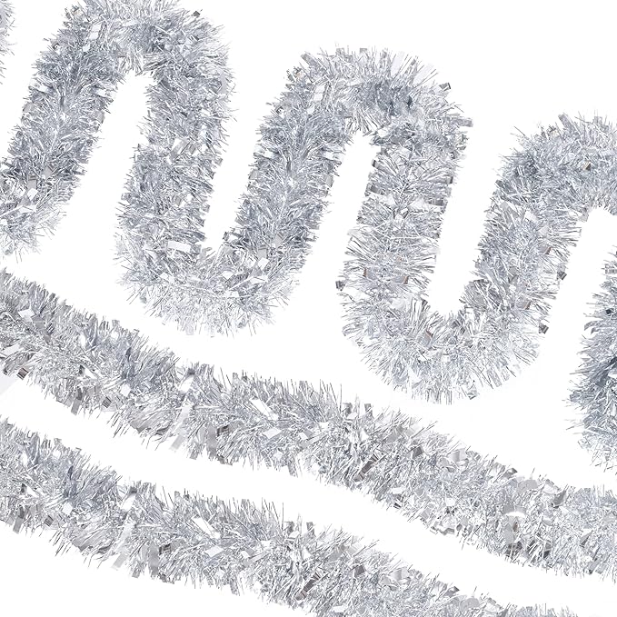 CANREVEL 4 Pieces 26.2 Ft Christmas Garland Metallic Shiny Twist Tinsel Garland Hanging Decorations for Christmas Tree, Mantle, Stairs Railing Decorations - Silver