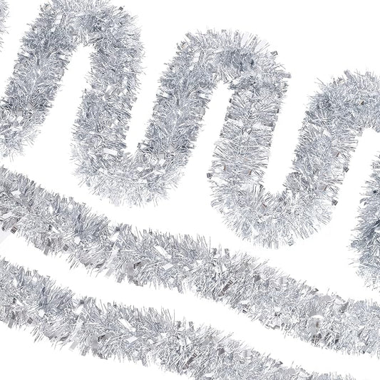 CANREVEL 4 Pieces 26.2 Ft Christmas Garland Metallic Shiny Twist Tinsel Garland Hanging Decorations for Christmas Tree, Mantle, Stairs Railing Decorations - Silver