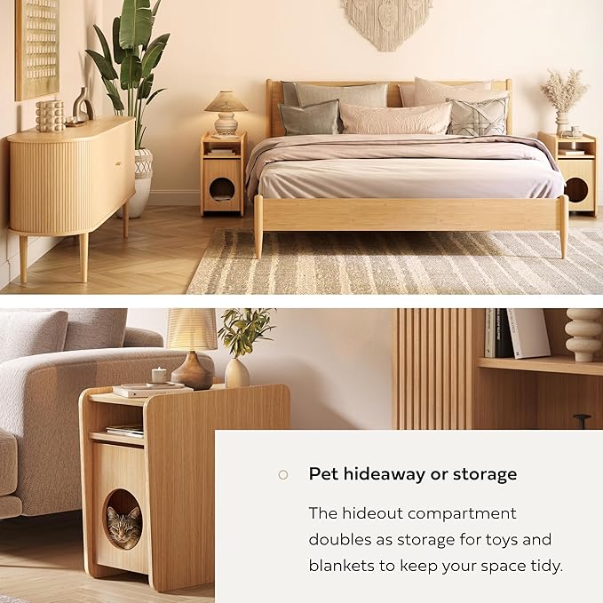 WERMO 12'' Cat Hideaway Side Table - Cat House for Indoor Cats and Enclosed Bed Cave and Hideout for Small Pets with Magazine Holder & Storage Doubling as Narrow End Table, Wood Night Stand (Oak)
