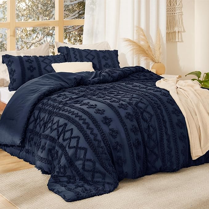 Bedsure Tufted Boho Comforter Set Queen Size - Navy Boho Bed Set, GentleSoft™ 3 Pieces Farmhouse Shabby Chic Embroidery Bedding, Gifts for Woman, Soft Jacquard Queen Comforter for All Seasons