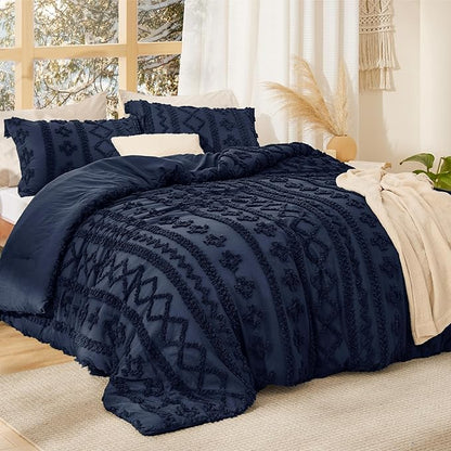 Bedsure Tufted Boho Comforter Set King Size - Navy Boho Bed Set, GentleSoft™ 3 Pieces Farmhouse Shabby Chic Embroidery Bedding, Gifts for Woman, Soft Jacquard King Comforter for All Seasons