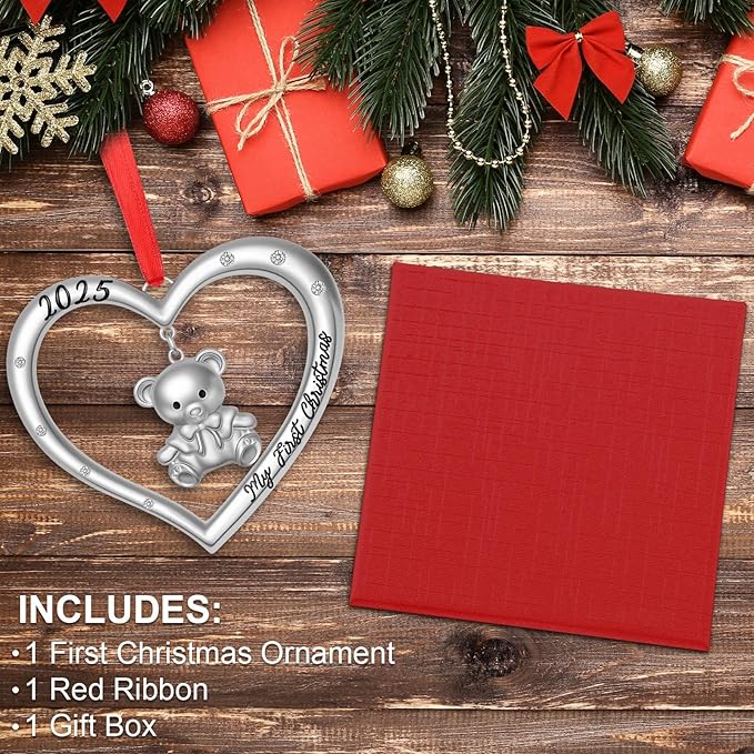 Baby’s First Christmas Ornament 2025 for Boy Girl, My First Christmas Ornament with Teddy Bear, Babys 1st Christmas’S Ornaments 2025 Metal Hanging for Newborn Xmas Tree Decoration Gift
