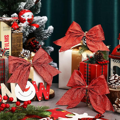 Cindeer 24 Pcs Red Christmas Bow Decorations 6 x 6 Inches, Glitter Holiday Ornaments Sequin Ties Bows for Xmas Tree, Wreath, DIY Crafts, Gift Wrapping, Party Decor
