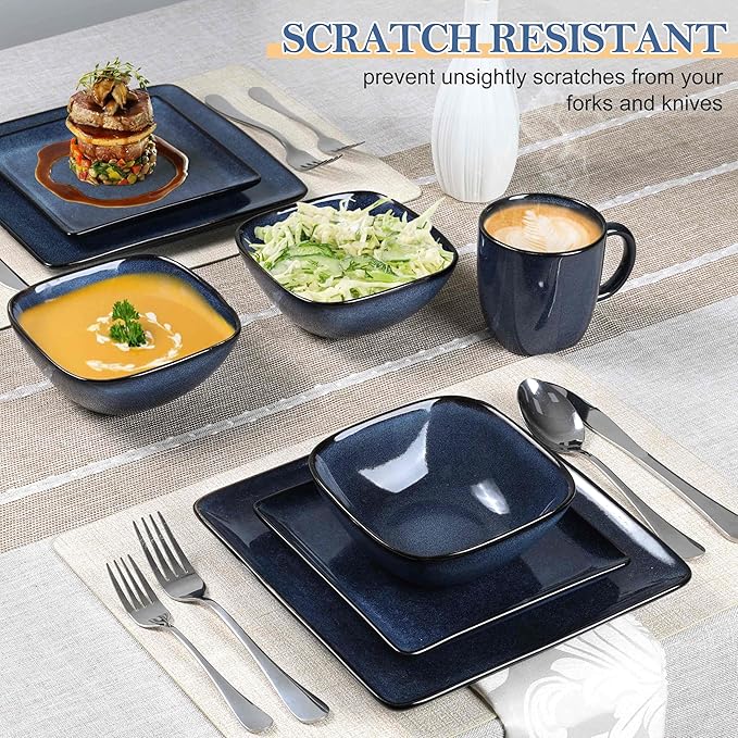 LIANYU 16 Piece Square Dinnerware Sets, Ceramic Plates and Bowls Sets for 4, Dinner Dishes for Kitchen Dining, Microwave & Dishwasher Safe, Sapphire Blue