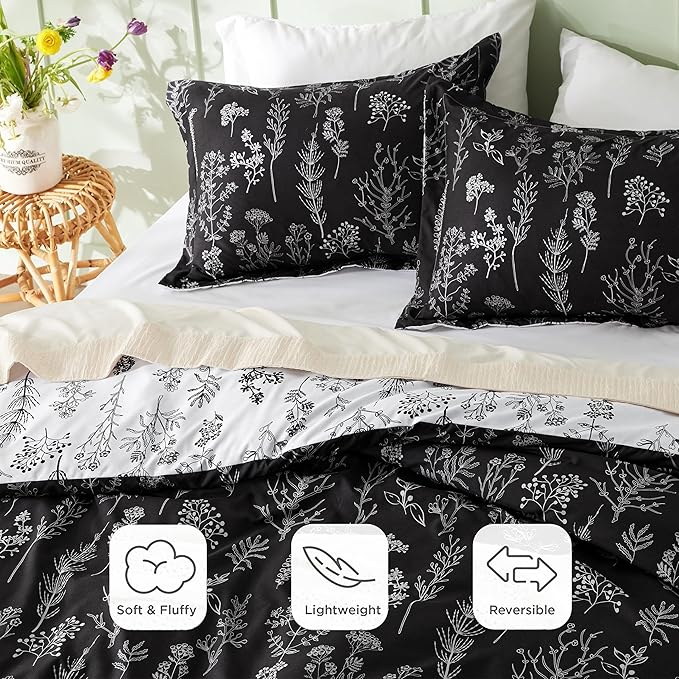 Bedsure Full Comforter Set - Black Bed Set, 3 Pieces Cute Floral Bedding, 1 Soft Reversible Botanical Flowers Comforter and 2 Pillow Shams