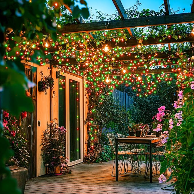 JMEXSUSS Connectable Red and Green Christmas Lights, 8 Modes 100 LED Twinkle String Lights Indoor, Clear Wire Plug-in String Lights Outdoor Waterproof