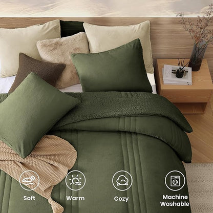 Monbix Fluffy Queen Comforter Set Olive Green, Sherpa Plush Fuzzy Comforter 3 Piece for Queen Size Bed, Luxury Soft Winter Warm Bedding Set